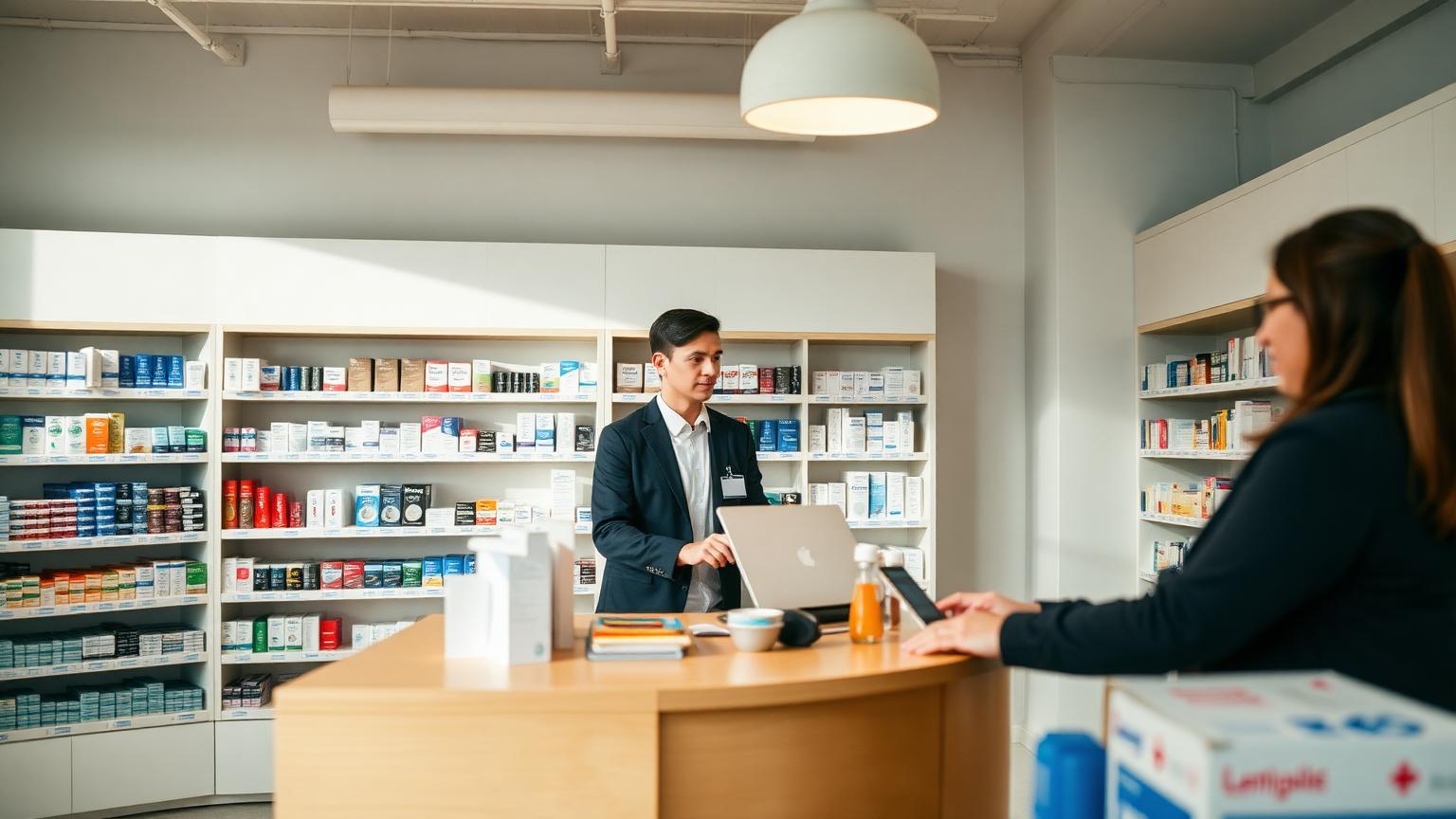 Farmaceut betjener kunde bag disken på moderne dansk apotek med medicinhylder