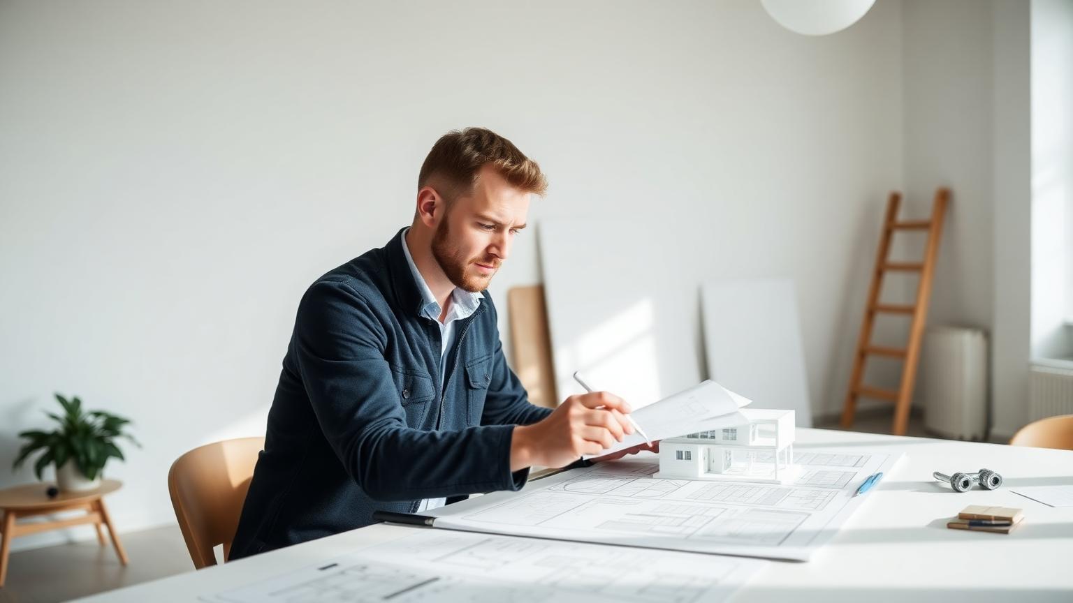 Arkitekt arbejder med tegninger og 3D-model på tegnebord i lyst studie
