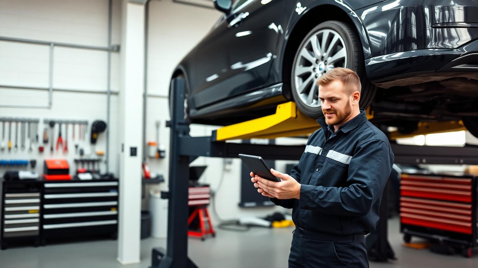 Mekaniker med tablet ved siden af bil på lift i moderne dansk autoværksted