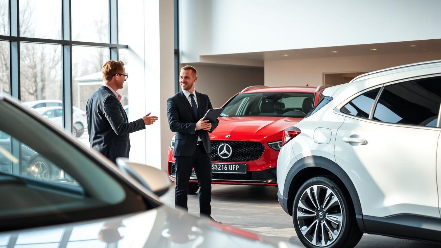 Bilsælger viser ny bil til kunde i moderne dansk bilforhandler-showroom
