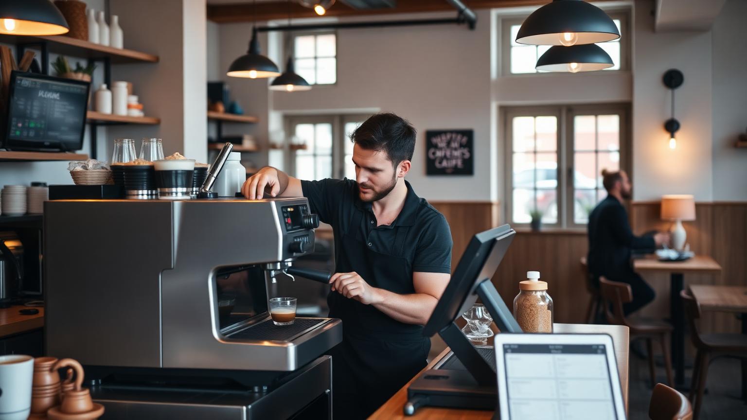 Barista betjener kunde ved espressomaskine og POS i moderne dansk café