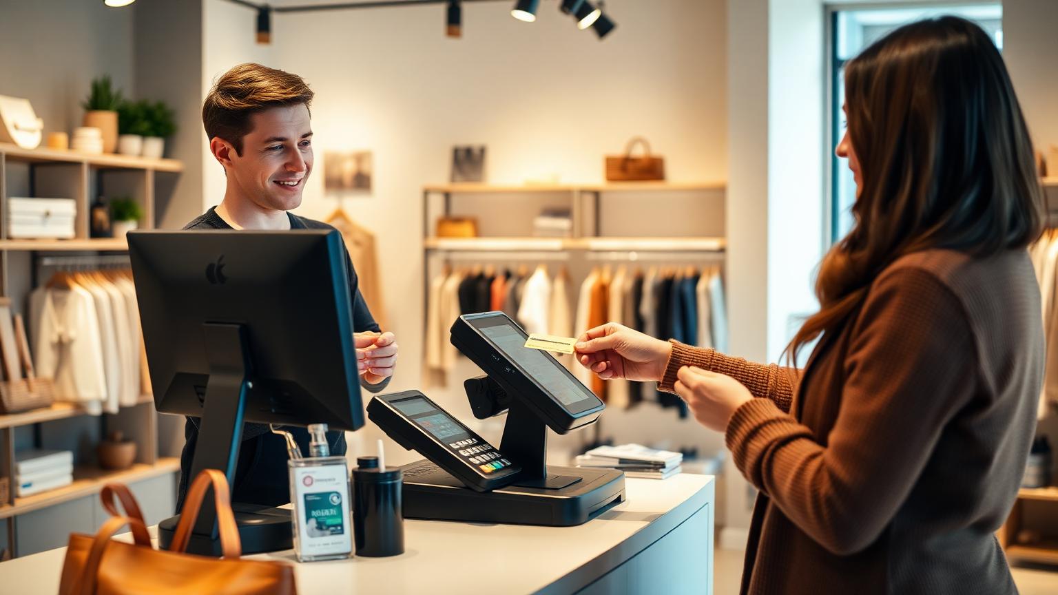 Butiksmedarbejder ekspederer kunde ved POS-terminal i moderne dansk butik
