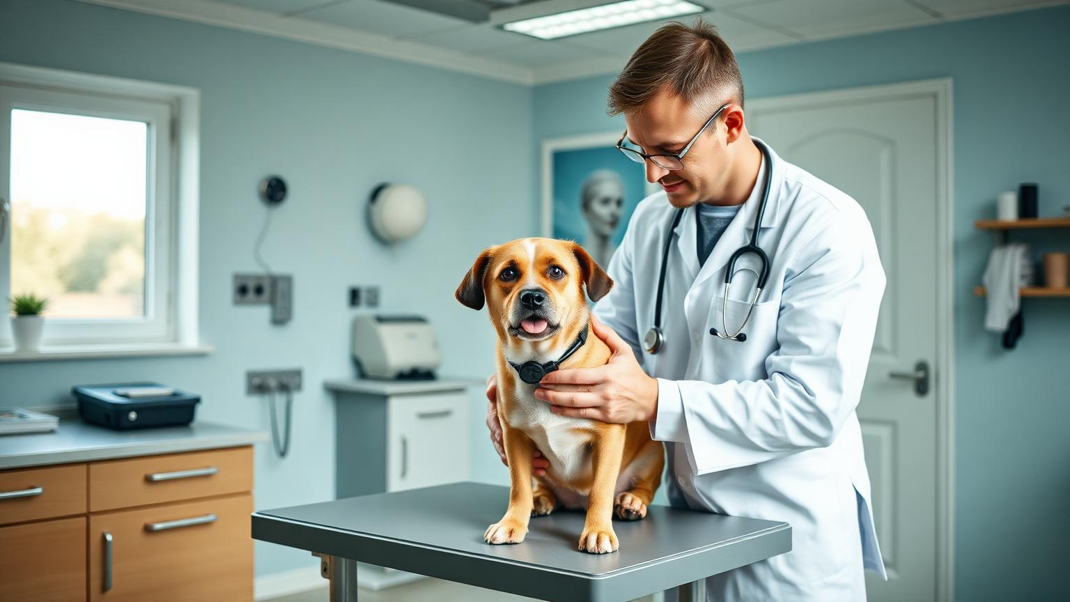 Dyrlæge undersøger hund på behandlingsbord i moderne dansk dyreklinik