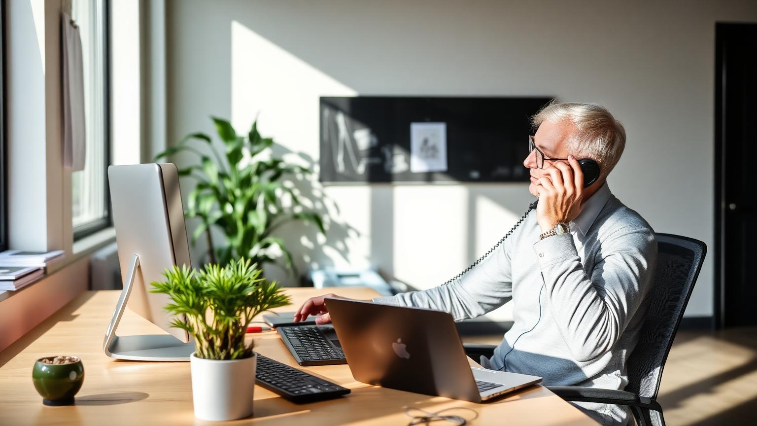 Fagforeningsrådgiver hjælper medlem i telefonen på moderne kontor