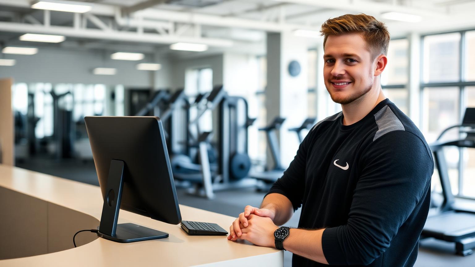 Træner i receptionen med skærm og fitnessudstyr i baggrunden i moderne dansk fitnesscenter