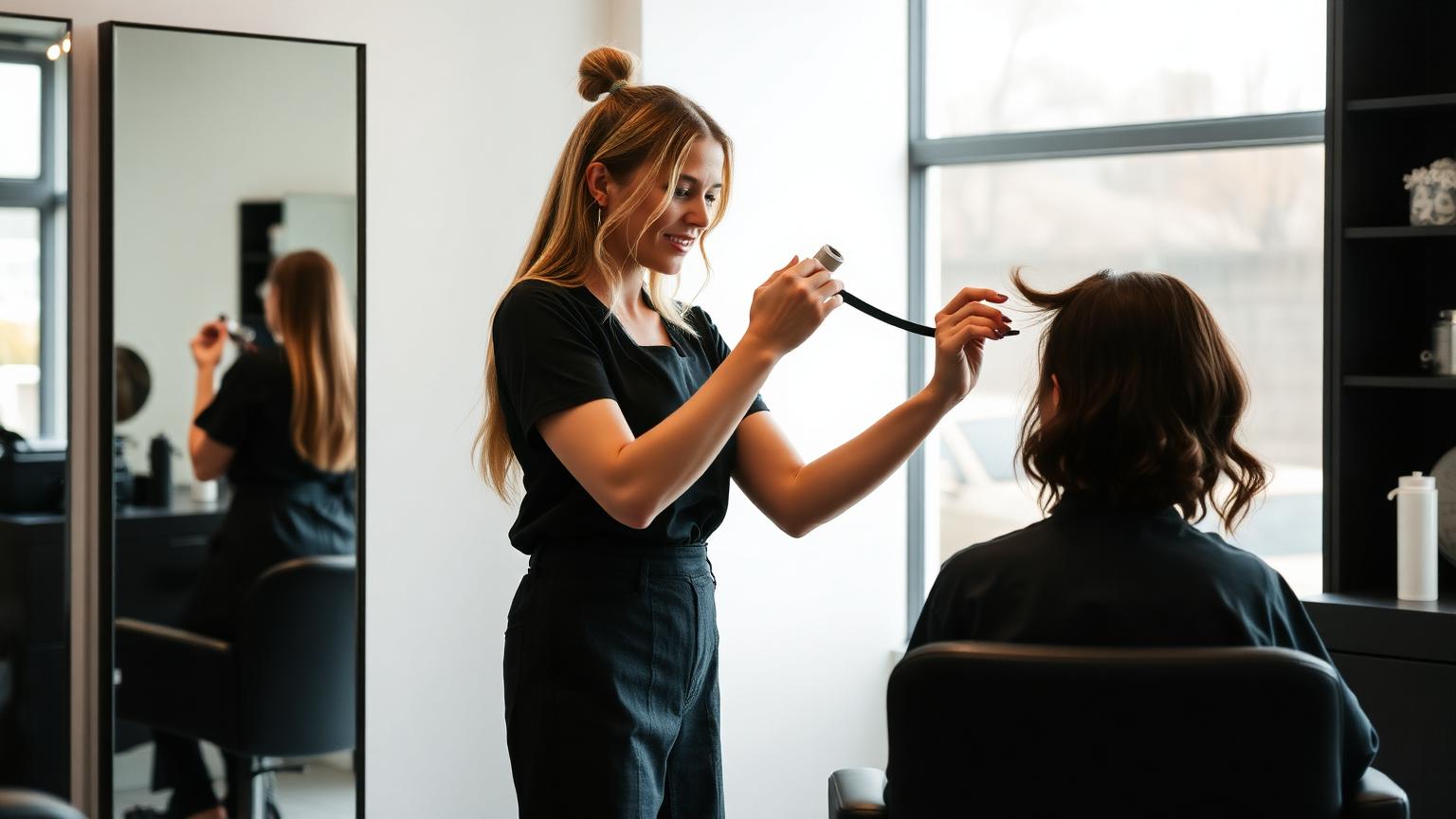 Frisør klipper kunde foran spejl i moderne dansk frisørsalon