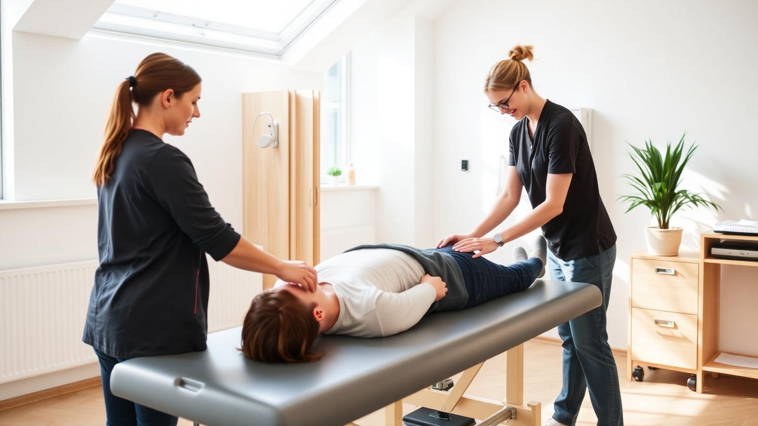 Fysioterapeut behandler patient på briks i moderne dansk fysioterapiklinik