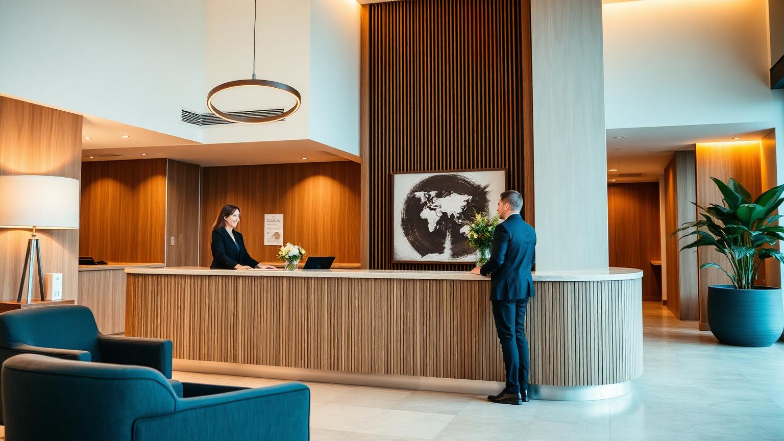 Receptionist tager imod gæst i lyst skandinavisk hotellobby