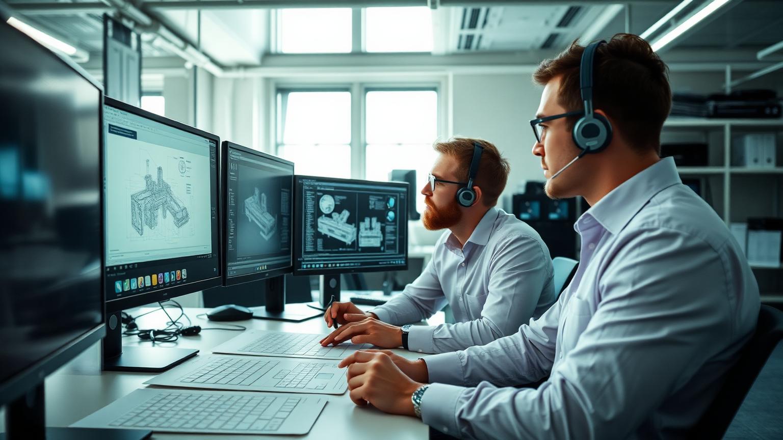 Ingeniører gennemgår CAD-tegninger på storskærm i moderne dansk ingeniørkontor