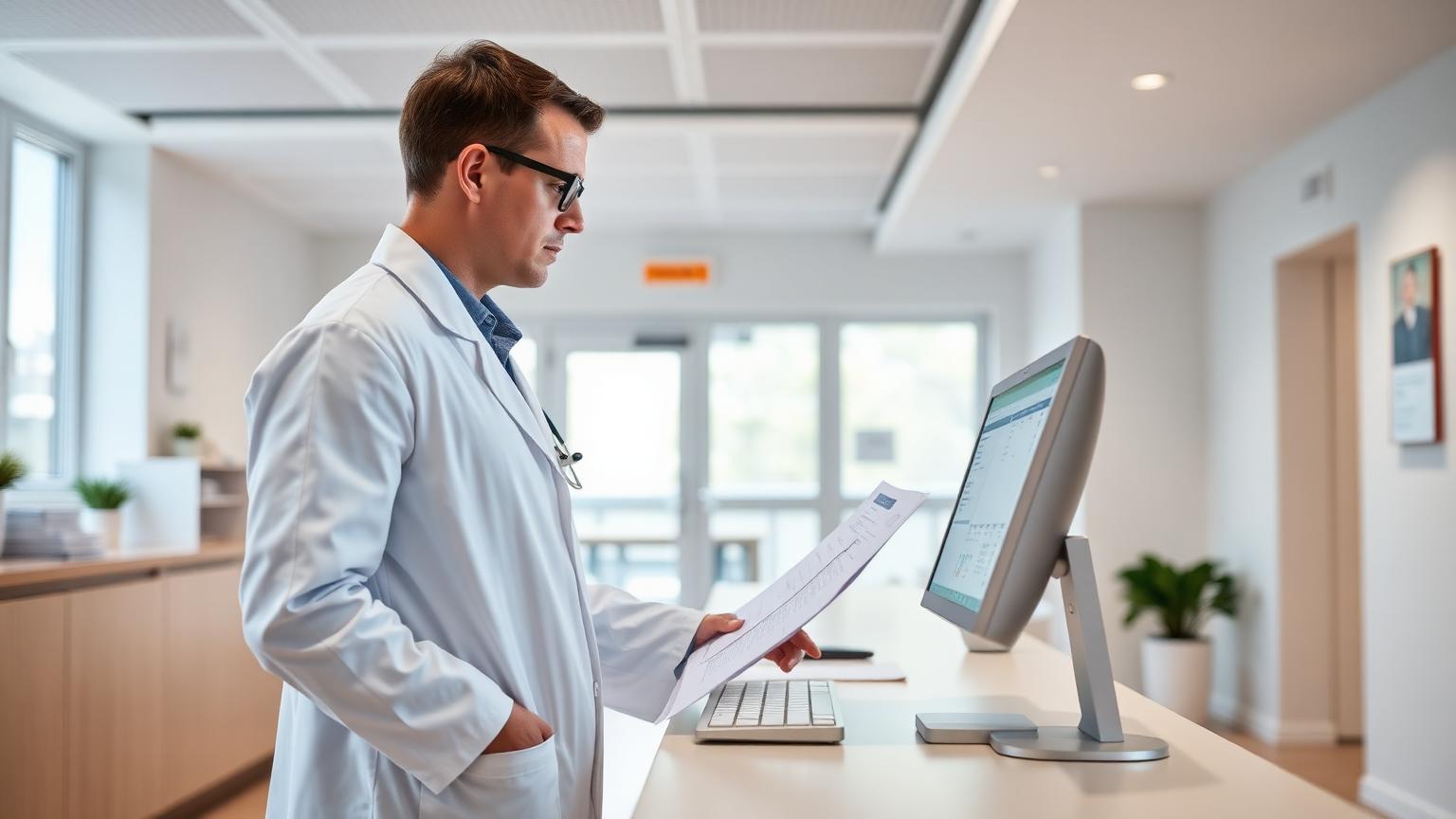 Læge i hvid kittel ved computer med patientjournal i moderne dansk klinik