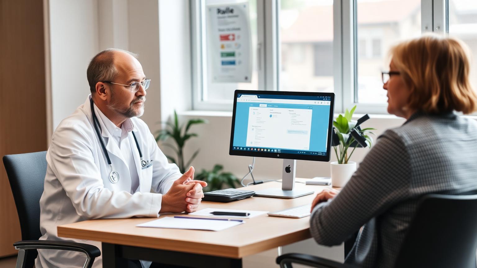 Praktiserende læge i konsultation med patient ved skrivebord med journalsystem