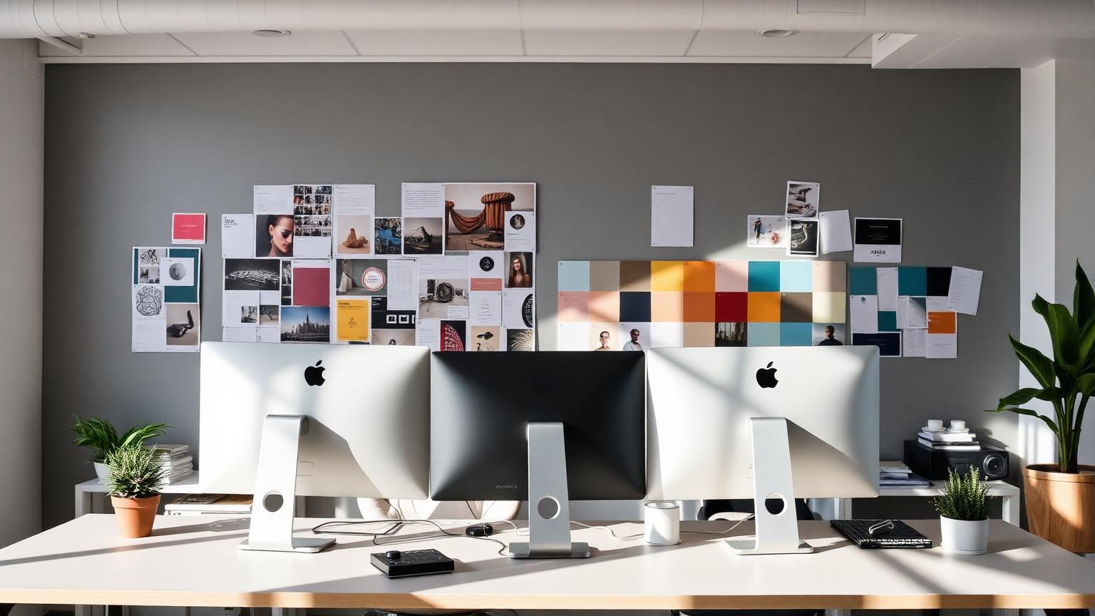 Designere arbejder på iMacs med moodboards på væggen i kreativt mediebureau