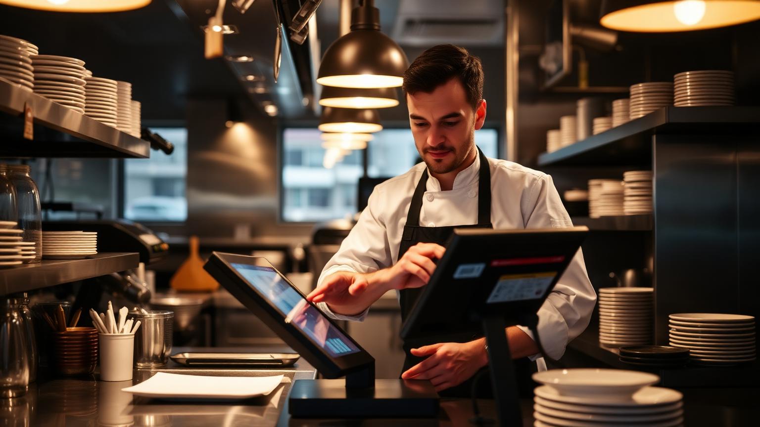 Kok ved POS-terminal i moderne dansk restaurantkøkken