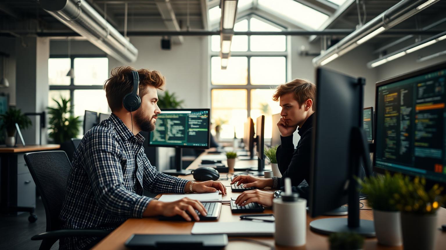 Softwareudviklere arbejder med kode på flere skærme i moderne dansk udviklingsmiljø
