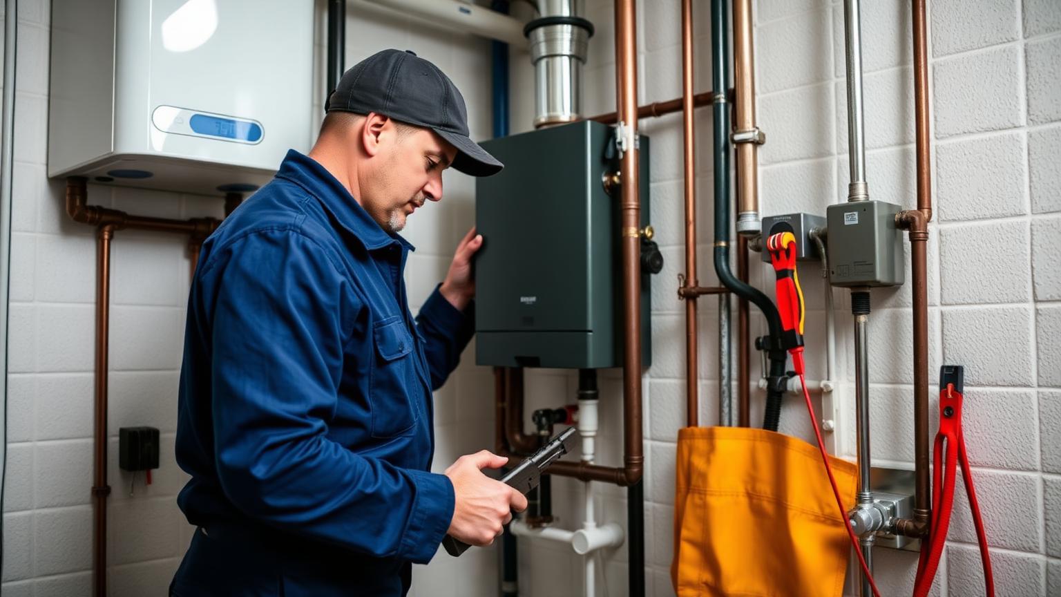 VVS-installatør arbejder på moderne fyrinstallation i dansk teknikrum