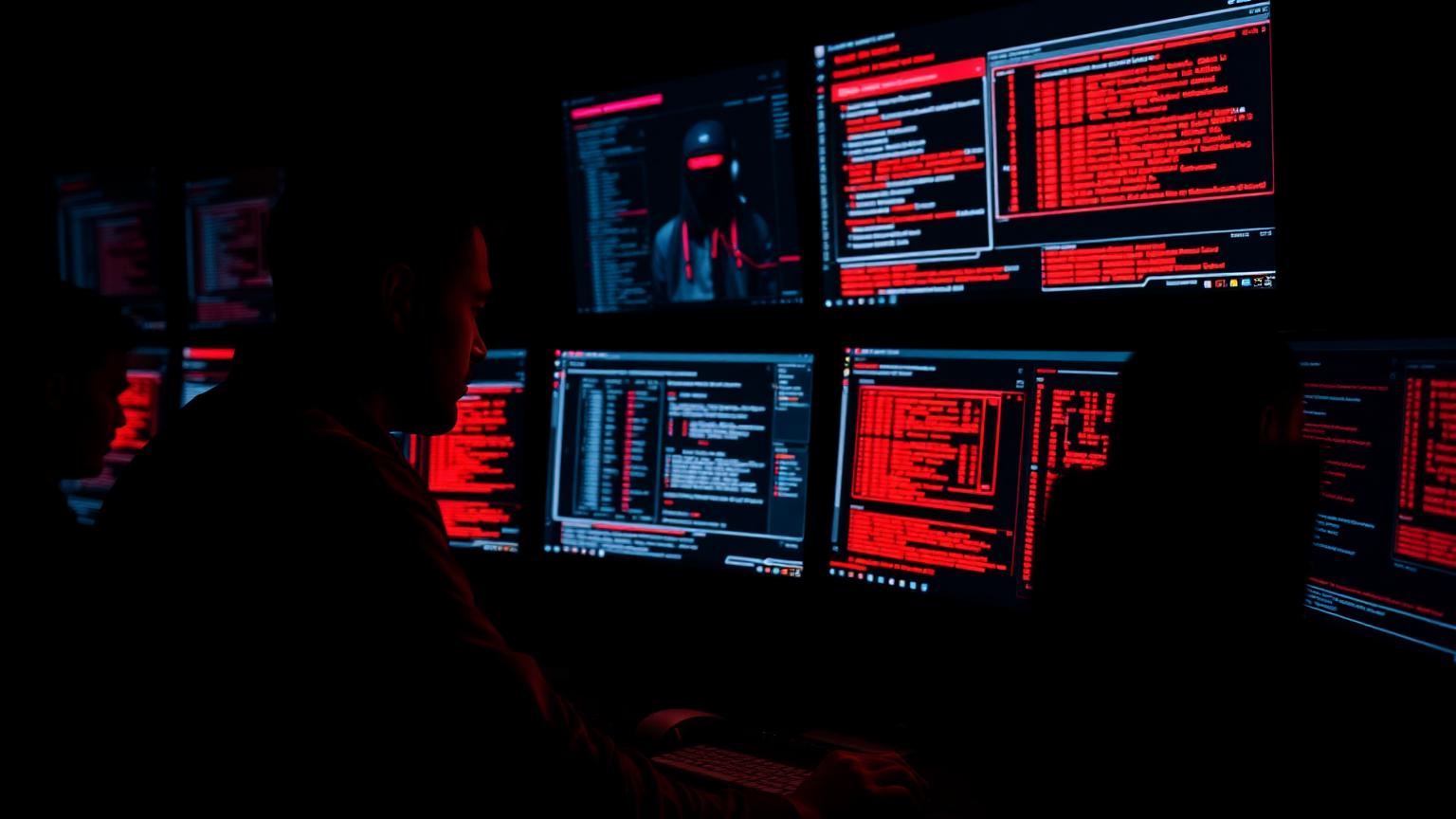 Sikkerhedsanalytiker undersøger lækkede loginoplysninger og dark web-data på skærme i mørkt overvågningsrum