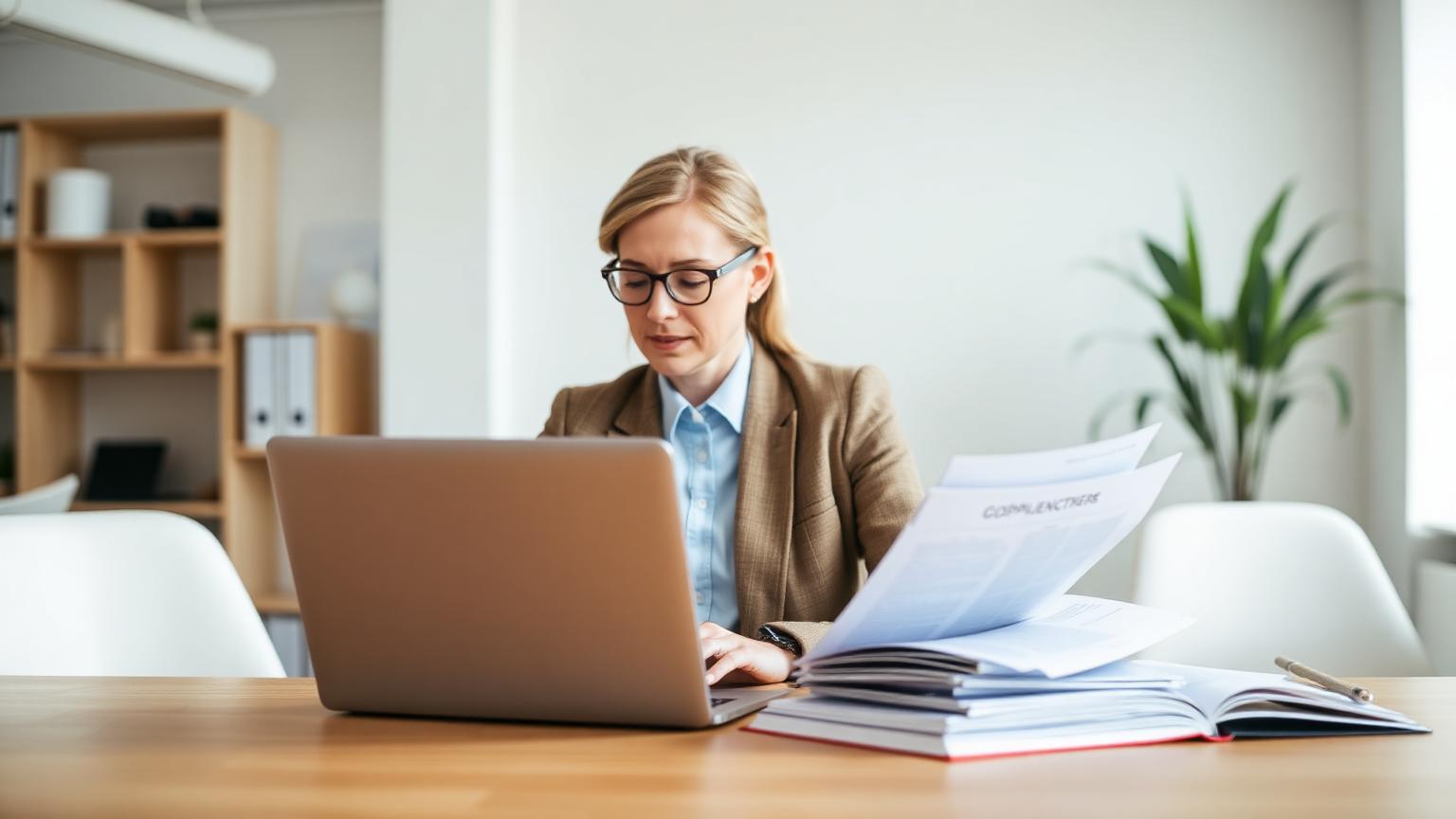 Compliance-rådgiver gennemgår GDPR- og NIS2-dokumentation på laptop i moderne dansk kontor