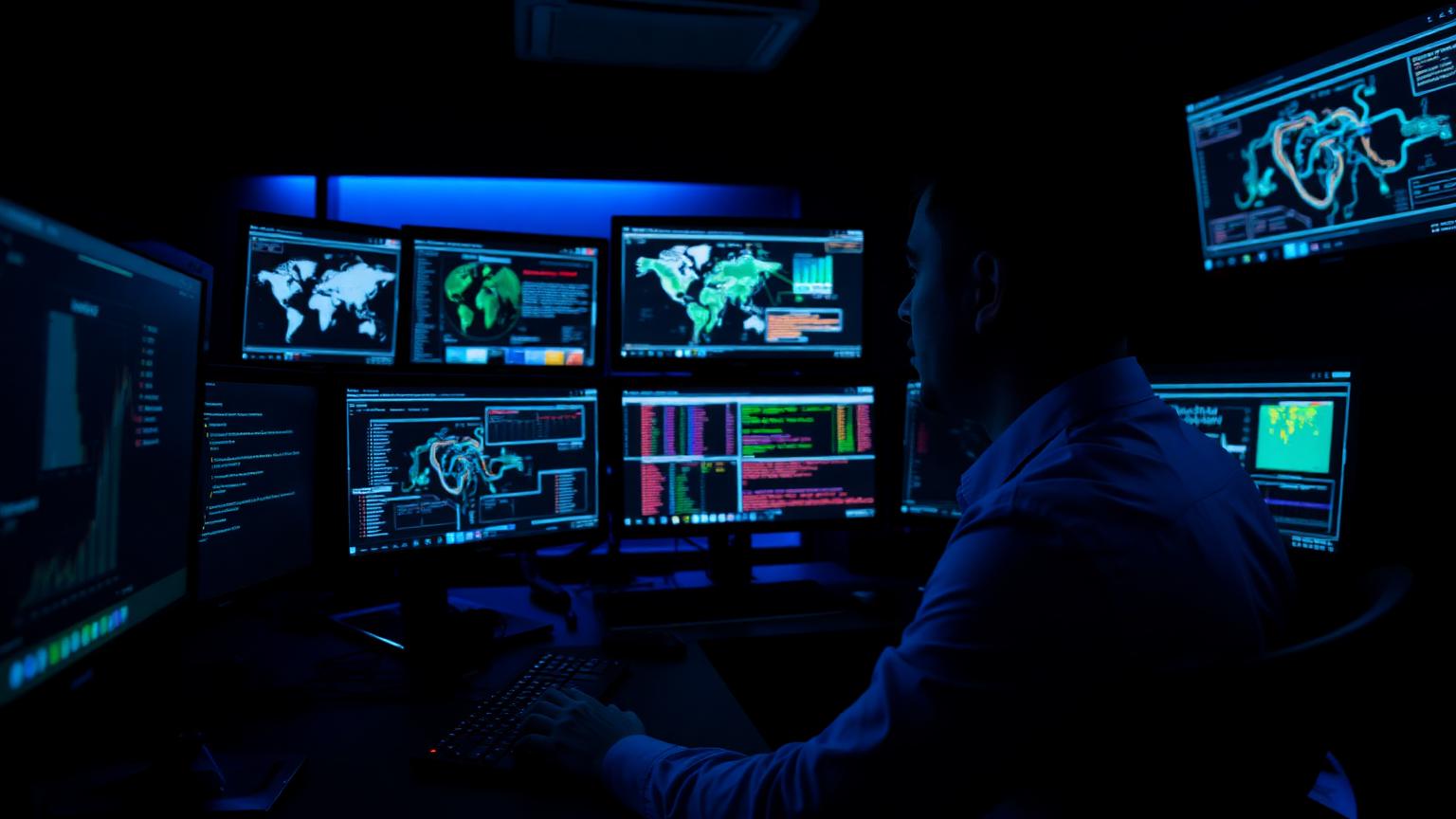 Cybersikkerheds-analytiker overvåger netværkstrafik og alarmer på flere skærme i moderne SOC-kontrolrum